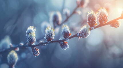 Catkin ament flowers on willow in spring - obrazy, fototapety, plakaty