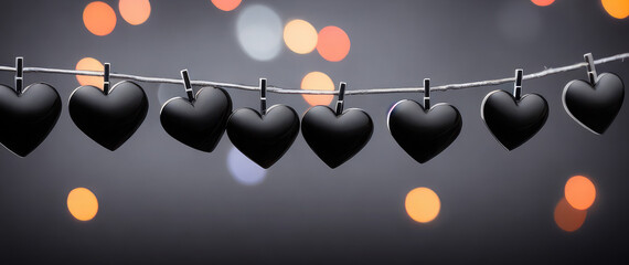 Paper multi-colored hearts are suspended on a clothesline. Black background for Valentine's Day, engagement, wedding
