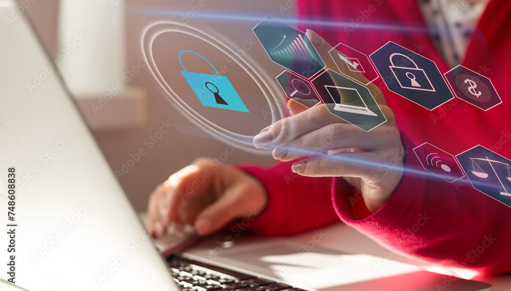 Poster businessman use a laptop to login by password with virtual screen of padlock, security of private. t