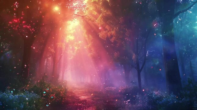 Spectacular Glowing Lights in the Fantasy Forest Seamless looping 4k time-lapse virtual video animation background. Generated AI