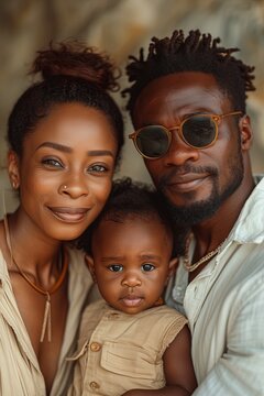 Close up portrait of beautiful black family in knitted sweater with a small child girl indoors. Mother, father, and baby together