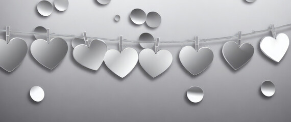 Paper multi-colored hearts are suspended on a clothesline. Happy silver background for Valentine's...