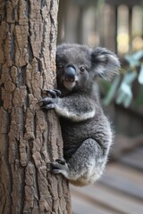 A cute koala sits on a tree, showing off its fluffy ears and gray fur.