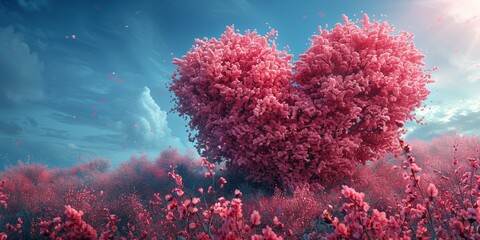 Fototapeta na wymiar A breathtaking view of a heart-shaped pink tree against a blue sky.