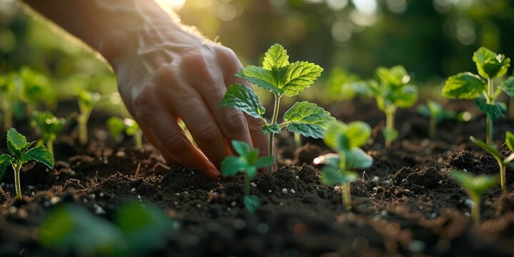 A hand planting a green seedling in fresh soil symbolizes growth and care for the environment.