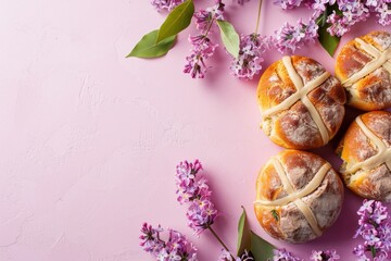 Fototapeta na wymiar Easter baked hot cross buns festive Easter dessert, mini eggs, spring flowers, space for text