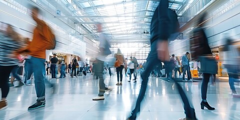 Expo hall at a tech conference with people in motion, blurred effect