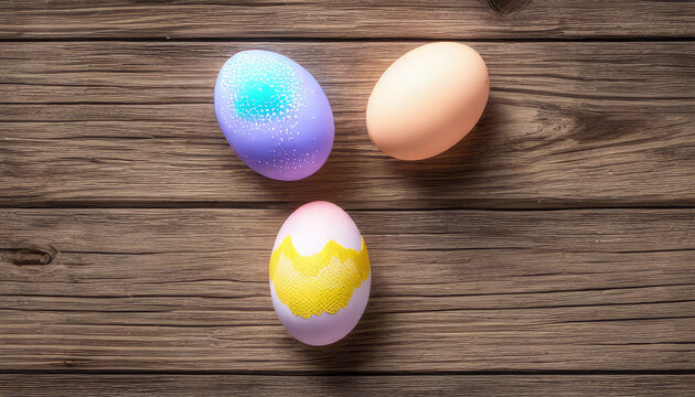 Painted three eggs on a wooden table, top view. Abstract background for Easter