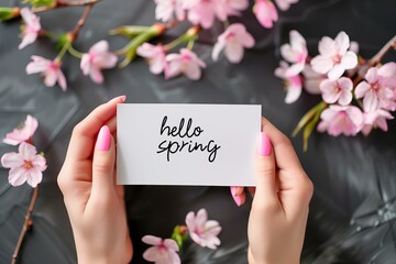 woman hands with perfect pink manicure holding a white rectangular paper with text hello spring, cherry blossoms in the background