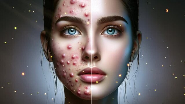  Problematic skin with acne - before and after. Skin of a young girl.