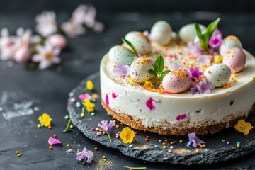 Obraz na płótnie Canvas Easter Egg Cheesecake festive Easter dessert, mini eggs, spring flowers, space for text