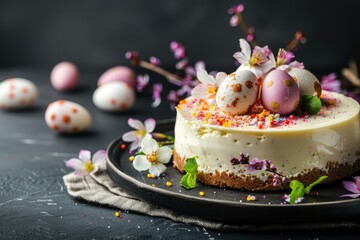 Easter Egg Cheesecake festive Easter dessert, mini eggs, spring flowers, space for text