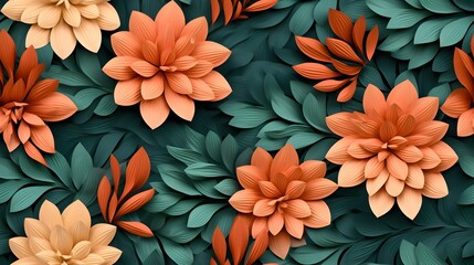 3d floral flowers seamless repeat pattern, floral pattern, flower paper art, in the style of light peach and dark teal polish folklore motifs, detailed foliage - obrazy, fototapety, plakaty