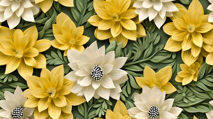 3d floral flowers seamless repeat pattern, floral pattern, flower paper art, in the style of light peach and dark teal polish folklore motifs, detailed foliage - obrazy, fototapety, plakaty