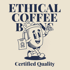 Retro Mascot Character Illustration of Certified Coffee Shop in Outline Version