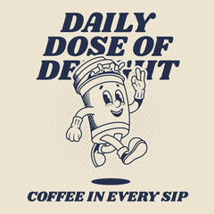 Retro Mascot Character Illustration of a Happy Cup of Coffee in Outline Version