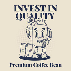 Retro Mascot Character Illustration of Coffee Mug Giving Recommendations of Coffee Bean in Outline Version