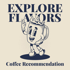 Retro Mascot Character Illustration of Happy Coffee Mug with Recommendations Gesture in Outline Version