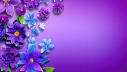 Abstract spring violet background with many flowers for 8 March Womans Day celebration. Postcard with copyspace