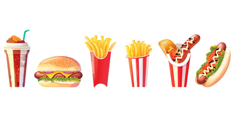 Breakfast set with hamburgers and other items on white background.