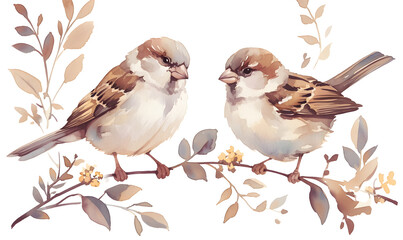 Cute Sparrows collection, Watercolor illustration,Generative AI 