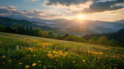 Summer mountain valley with yellow flowers early in the morning landscape photography at golden hour with setting or rising sun - obrazy, fototapety, plakaty