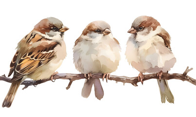 Cute Sparrows collection, Watercolor illustration,Generative AI 