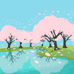 満開の桜が水面に反射している風景