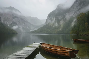 Foto op Plexiglas Tetongebergte Boat on the lake, Lake Braies Landscape, Grand Tetons and Reflection.