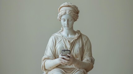 Marble female statue with smartphone, classical artistry with contemporary technology integration isolated on a gray background - obrazy, fototapety, plakaty