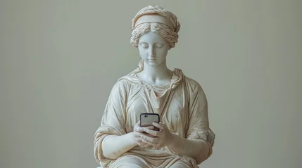 Fotobehang Marble female statue with smartphone, classical artistry with contemporary technology integration isolated on a gray background © Anna Zhuk
