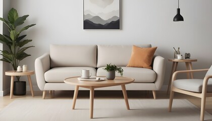 Scandinavian-inspired modern living room interior with a loveseat sofa positioned near a round accent coffee table.