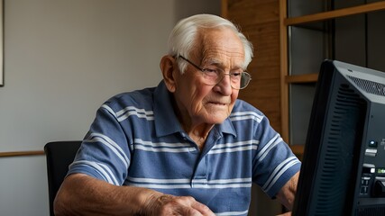 Old man learning how to use a computer - obrazy, fototapety, plakaty