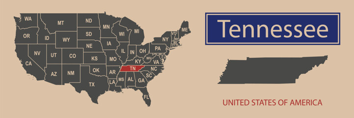 Vector map borders of the USA Tennessee state. State of Tennessee on the map of the United States of America.