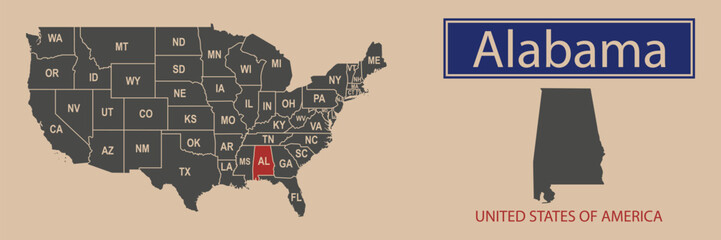 Vector map borders of the USA Alabama state. State of Alabama on the map of the United States of America.