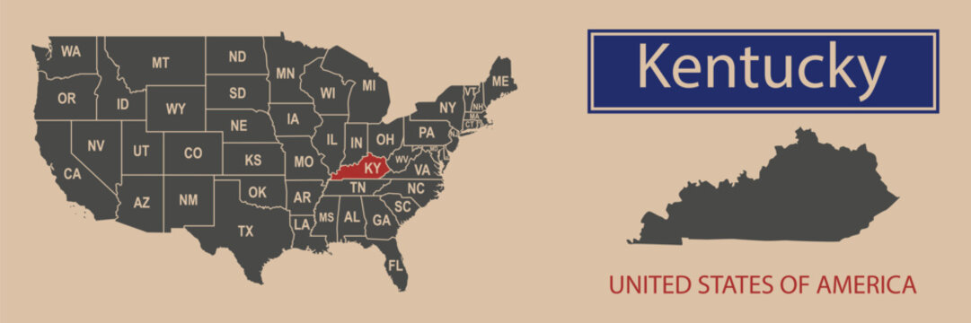 Vector map borders of the USA Kentucky state. State of Kentucky on the map of the United States of America.