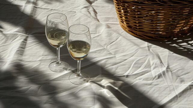 two glasses of wine sitting next to each other on a white table cloth with a wicker basket in the background.