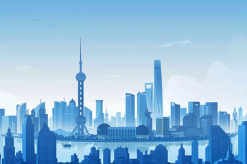 Chinese skyline template, blue skyline and buildings.