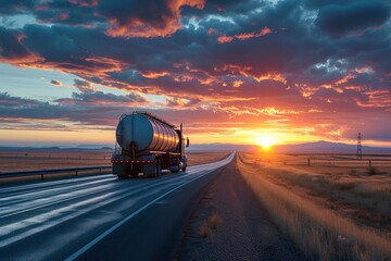 A tanker truck speeds along the highway with a vibrant sunset in the background, highlighting transport and energy industries.
generative ai - obrazy, fototapety, plakaty