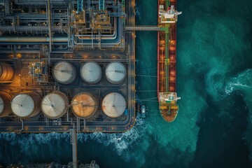A tanker ship docked at an industrial oil terminal with storage tanks and a refinery against a mountainous backdrop.
generative ai - obrazy, fototapety, plakaty