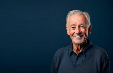 A happy elderly man isolated on a dark blue background. copy space. studio photo