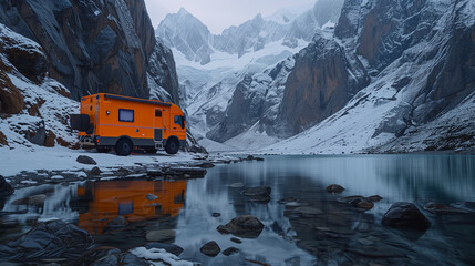 Orange Mobile hybrid power generation units  on the lake in the mountains in winter.