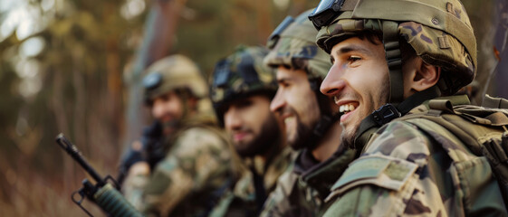 Fototapeta premium Camaraderie shines among smiling soldiers in military gear in the forest.