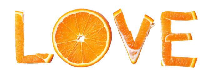 Orange fruit shaped as the word Love, Fun summer large citrus slices lettering design isolated on transparent background | Generative AI