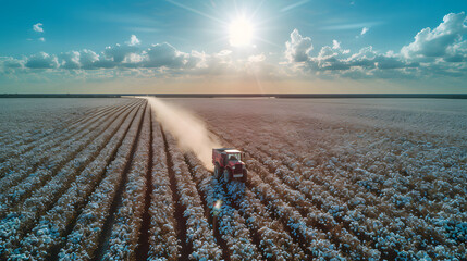 Tractor harvesting cotton in a field at sunset. Aerial view with sun flare. Agriculture and farming concept for design and print - obrazy, fototapety, plakaty