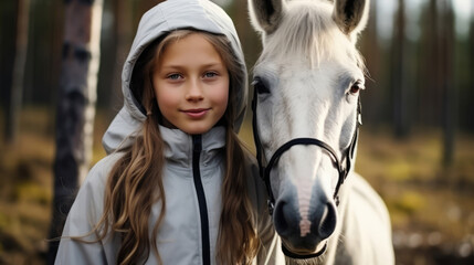 Portrait of girl with a white horse in a forest