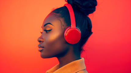 Portrait of a beautiful African American woman wearing headphones on an isolated red background.
