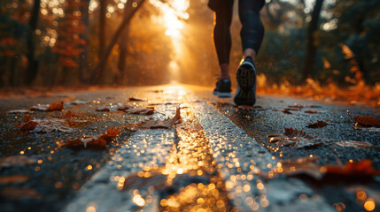 Runner on asphalt road with fallen leaves with the sun shining