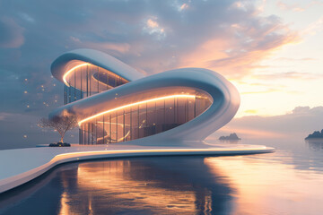 A modern building at sunset with some curves and bright lights.