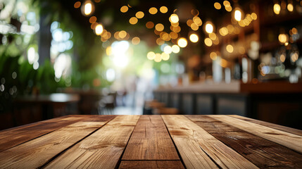 Wooden table with a blurred background of a cafe interior featuring bokeh lights